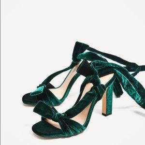 Emerald velvet ankle tie Zara heels